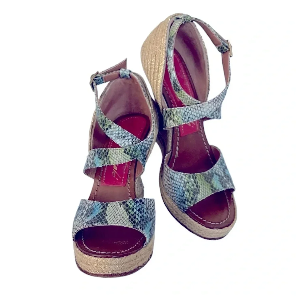 Paloma‎ Barcelo Snakeskin 4” Funky Shape Espadrille Wedge Strap Sandals size 10